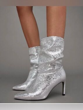 Allsaints Orlana Slouchy Leather Boots Metallic Stiletto Heels in Silver Size 10